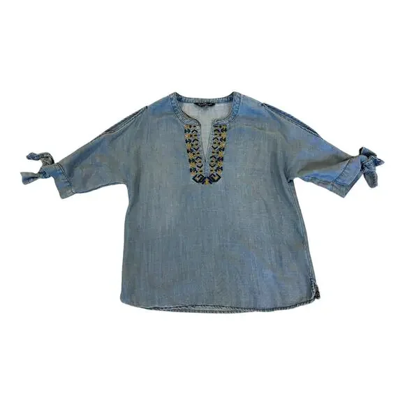 Velvet Heart Embroidered Blouse Aztec Chambray Tie Sleeve Peep ShoulderSize XS - Picture 10 of 10